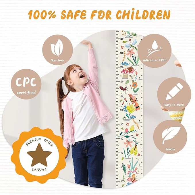 Personalized Name Growth Chart Wall Decor for Kids – Canvas Removable Height Chart Measuring Ruler 59" x 7.9" (Flower Birds)