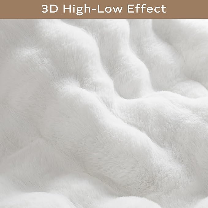 Ashler Faux Rabbit Fur Rug, White 4x6 FT Fluffy Soft Runner Area Rugs, Rectangle Fuzzy Carpet for Living Room, Bedroom, Machine Washable Shaggy Nursery - 3D Bubble Mat