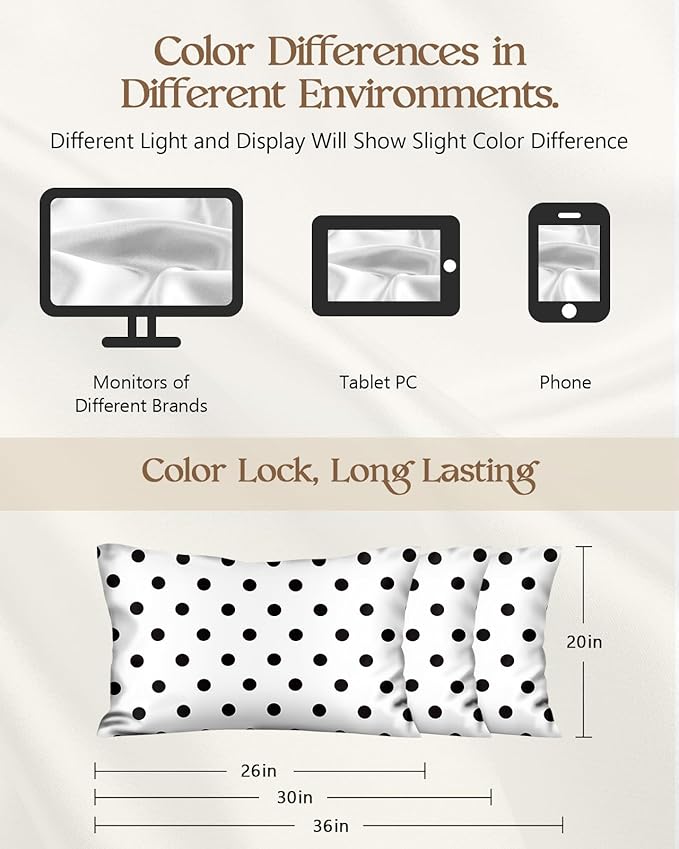 Silk Pillowcase 2 Pack - Pillow Cases 20" x 30" Queen Size Set of 2 for Hair and Skin Smooth Soft Breathable with Hidden Zipper Cooling Pillow Covers for Sleeping, White Black dot