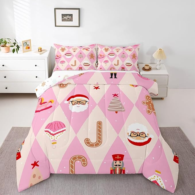 Feelyou Pink Christmas Kids Comforter Set Toddler Size Santa Claus Bedding Set Xmas Tree Nutcracker Soldier Duvet Quilt for Kids Boys Girls Bedroom Gingerbread Man Decor Microfiber Ultra Soft