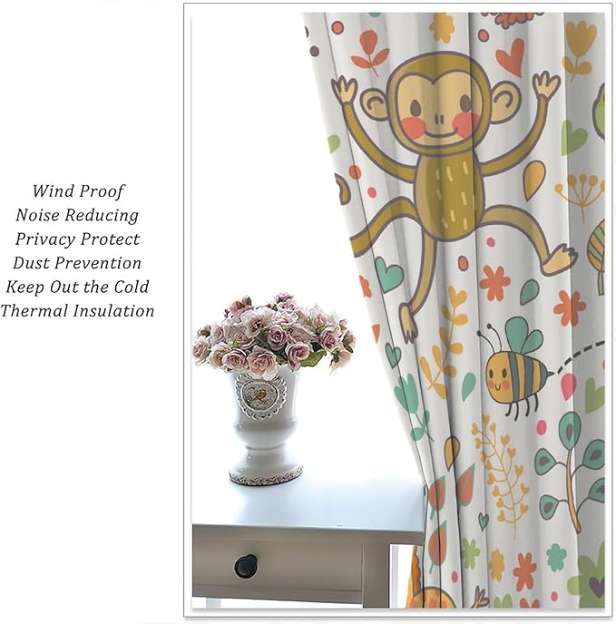 Cute Monkeys Curtains, Zoo Theme Cartoon Funny Animals Crocodile Giraffe Turtle with Flowers Print Thermal Insulation Window Drapes for Kids Boys Girls Baby Bedroom Living Room 63x63in