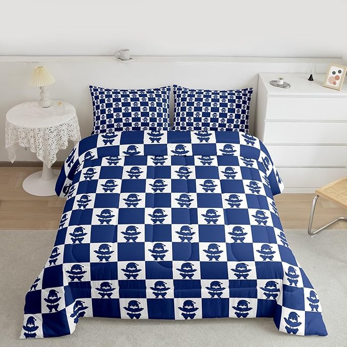Feelyou Christmas Comforter Set Twin Size Checkered Bedding Set for Kids Boys Girls Santa Claus Duvet Quilt Xmas Decorations Bedroom Decor Blue Microfiber 2 Pcs with 1 Pillow Cases