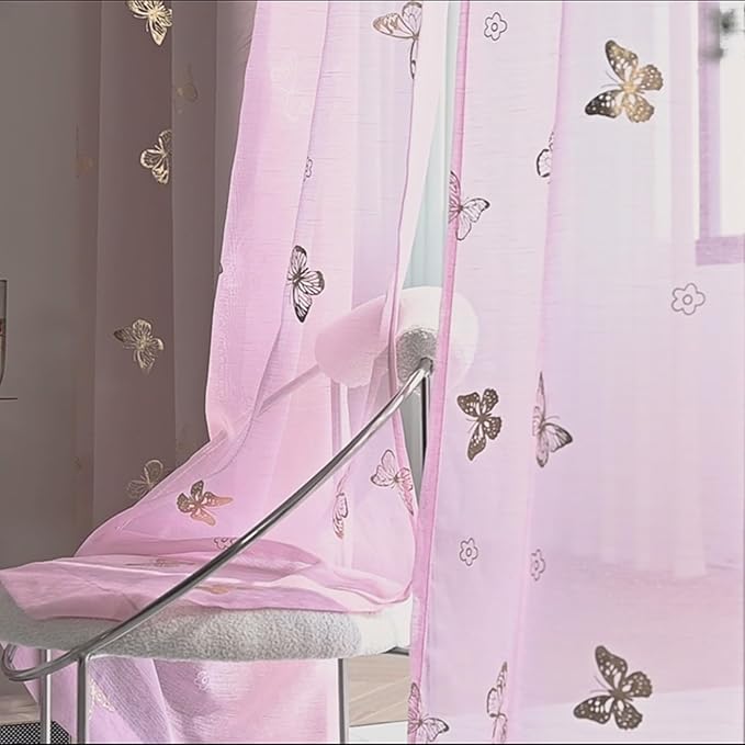 Jubilantex Pink Butterfly Sheer Curtains Gold Print Drapes for Baby Girls Nursery, Kids Bedroom 63 Inch Length Toddler Linen Textured Curtain Rod Pocket Window Treatment Sets, 2 Panels
