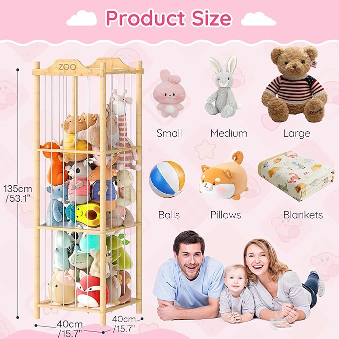 HOOBRO Stuffed Animal Storage & Organizer, Bamboo Stuffed Animal Holder, Plush Toy Storage Organizer for Playroom, Living Room, Nursery, Natural YL65CW01