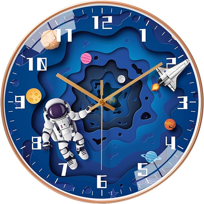 12 Inch Silent Movement Kids Wall Clock, Non Ticking Children Round Wall Clock Battery Operated Space Travel Style Decor Children Clock for School Boys Bedroom Living Room Space Decor (Blue)