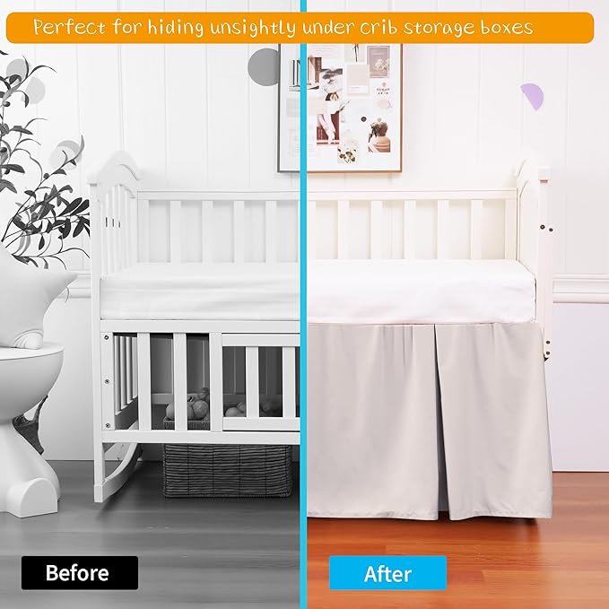 Crib Bed Skirt Dust Ruffle 100% Cotton - Natural, Soft, Breathable for Baby's Delicate Skin, Nursery Toddler Crib Bed Skirt for Baby Boys Girls, Fits Standard Cribs 28" x 52" with 14" Drop