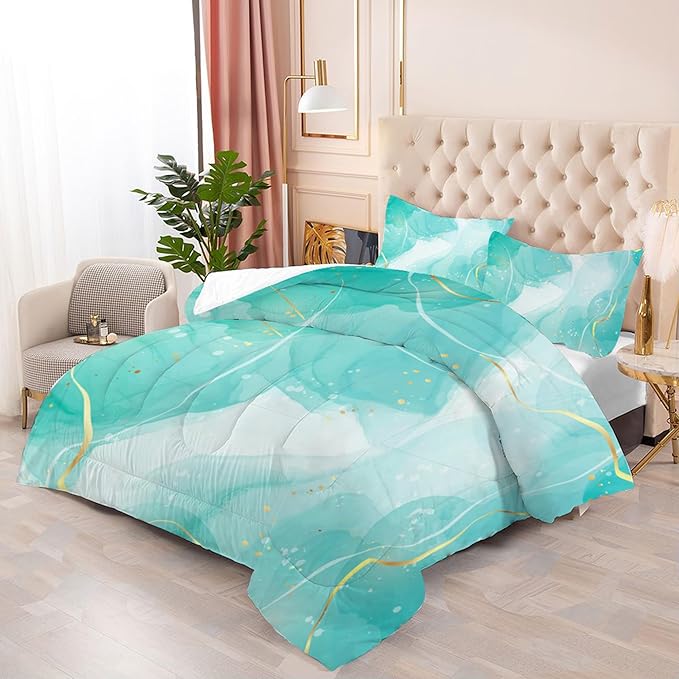 Teal Twin Bedding Set: Aqua Teal Marble Comforter Set for Teens Girls Women Abstract Cyan Blue Quilts Green and Gold Glitter Marbling Bed Sets 1 Comforter & 1 Pillow Case