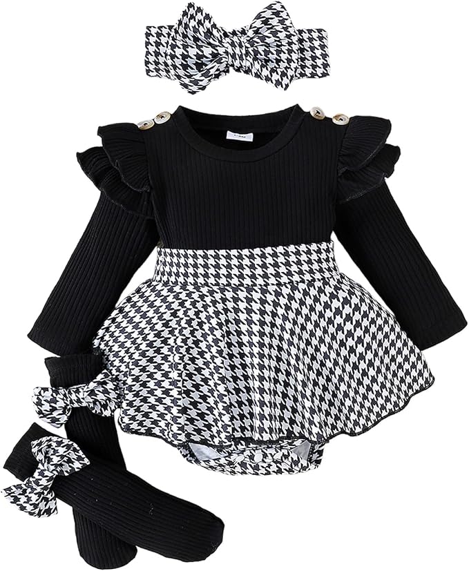 Giraropa Baby Girl Fall Winter Clothes Long Sleeve Romper Dress + Socks + Headband Newborn Infant Cute Casual Outfits