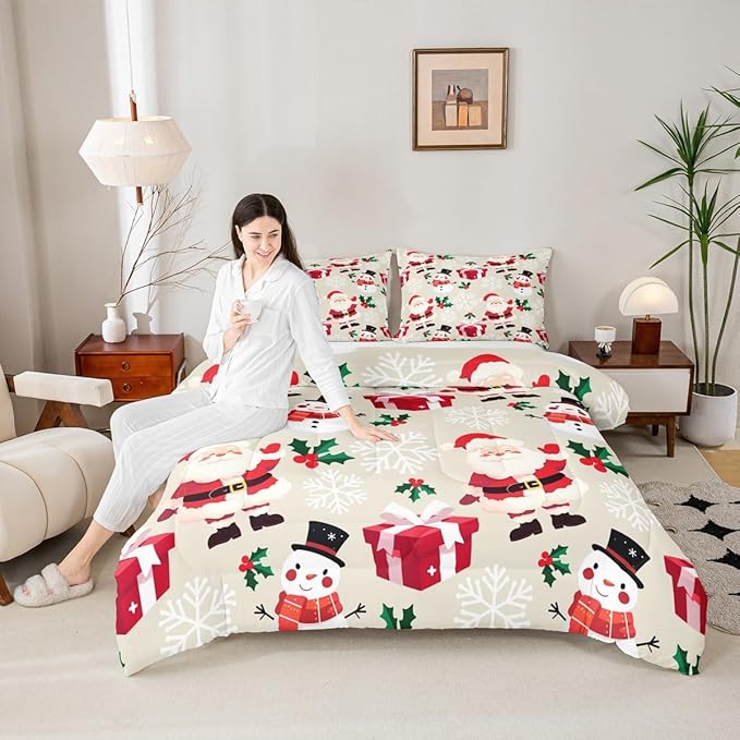 jejeloiu Merry Christmas Comforter Set Twin Size Xmas Santa Claus Bedding Set for Kids Boys Girls Cute Snowman Duvet Quilt Beige Bedroom Decor