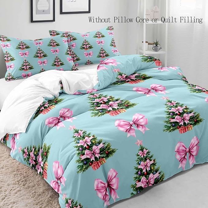 LUVIVIHOME 3PCS Pink Bow Christmas Tree Duvet Cover King Bedding Set, Teen Girl Bedding, Blue Duvet Cover, Winter Holiday Kids Christmas Comforter Cover, Coquette Room Decor Aesthetic, 2 Pillow Cases