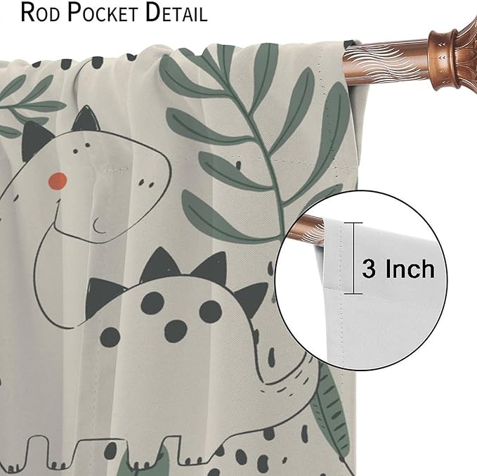 Funny Dinosaur Curtains, Jungle Cute Cartoon Animals Tropical Leaves Plant Beige Green Print Blackout Window Treatments for Kids Boys Girls Bedroom Living Room 63x63in