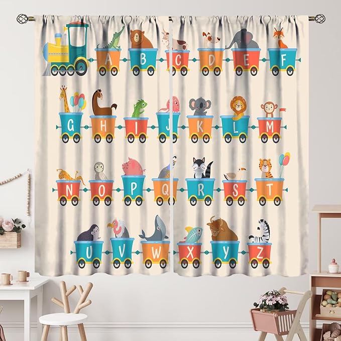 Kids Alphabet Curtains Funny Trains Letter Education School Cute Cartoon Animal Printed Curtain with Rod Pocket for Bedroom Living Room Drapes Window Treatments 2 Panels Set 55" W X 63" L