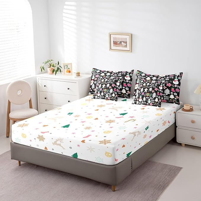 Christmas Kids Bedding Set Cartoon Snowman Gingerbread Man Comforter Set with Sheets for Boys Girls Christmas Tree Decor Bed in a Bag Pink Xmas Theme Black Bed Set 7Pcs Full Size