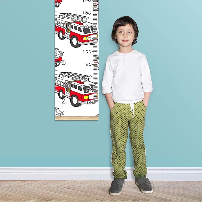 Personalized Kids Name Growth Chart Ruler for Wall Wood Frame Height Measure Chart 13.4x56 in Linen Hanging Height Growth Chart Fire Truck Kids Room Decor