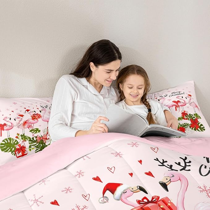 Merry Christmas Comforter Set King Size,Pink Flamingo Cartoon Bird Animal Bedding Set All Season Quilt Set,Winter Snowflake Green Leaves Microfiber Polyester Down Comforter