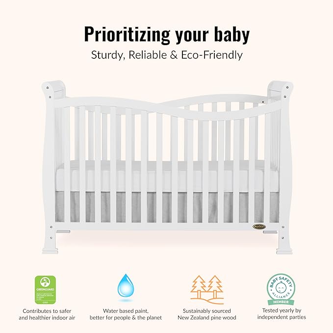 Dream On Me Violet 7-in-1 Convertible Full-Size Baby Crib with Toddler, Day & Full Bed Conversion in White, GreenGuard Gold & JPMA, 3 Mattress Heights, Sustainable Pinewoo