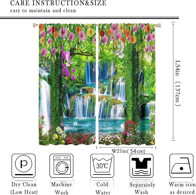 Jungle Nature Blackout Window Curtains, Trees Scenic Waterfall and River Spring Pattern Print Window Drapes, for Living Room Bedroom 42x54in 2 Panels