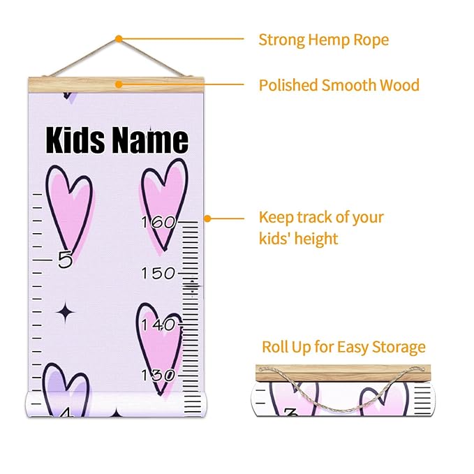 Personalized Kids Name Growth Chart Ruler for Wall Wood Frame Height Measure Chart 13.4x56 in Linen Hanging Height Growth Chart Pink Purple Kids Room Decor