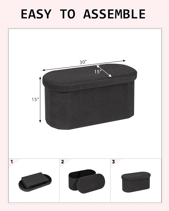 30" Oval Foldable Ottoman with Storage, Teddy Boucle Fabric Footrest, Storage Bench for Living Room, Bedroom, Entryway, Dorm, Darkgrey