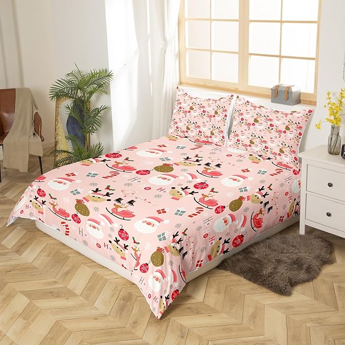 Manfei Christmas Duvet Cover Set Full Size, Santa Claus and Reindeer Bedding Set 3pcs for Kids Girls Adult, New Year Theme Comforter Cover Soft Polyester Quilt Cover with 2 Pillowcases,No Comforter