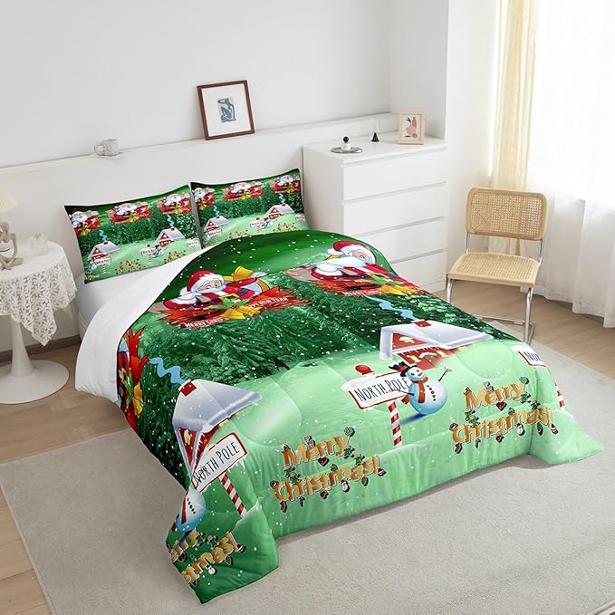 Feelyou Santa Claus Printed Comforter Set Christmas Bedding Set for Kids Boys Girls Galaxy Blue Cute Decor Comforter Snowman Snowflake Quilt Collection 3Pcs Queen Size