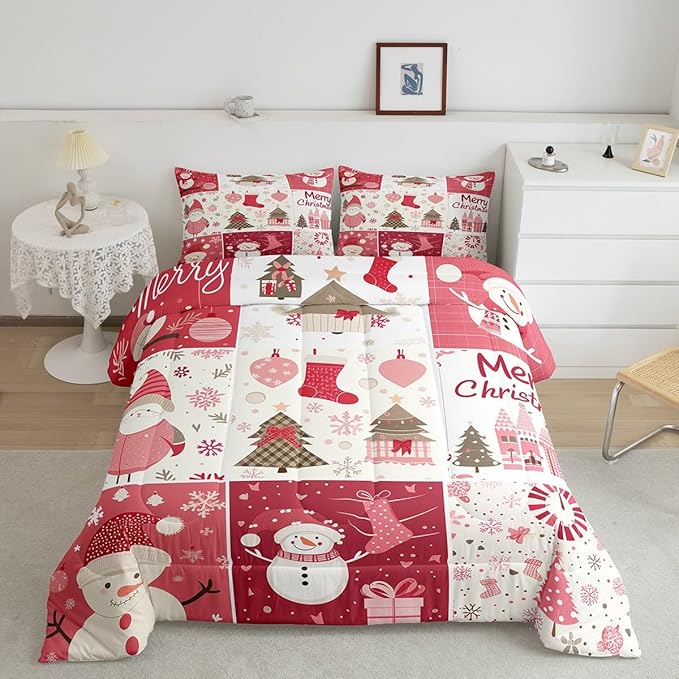 Christmas Tree Comforter Set Twin Size,Merry Christmas Bedding Set for Kids Boys Girls Room Decor,Snowman Christmas Tree Snowflake Quilt Set 2Pcs,Cartoon Plaid Patchwork Duvet Insert,1 Pillowcase