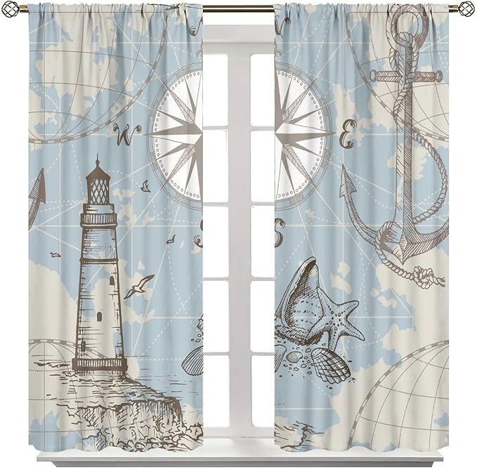 Nautical Theme Window Curtains,Pirate Sailboat Curtains for Bedroom,Conch Starfish Print Draperies for Living Room,Ocean Window Treatment Curtains Set 2 Panels,63x63 Inches