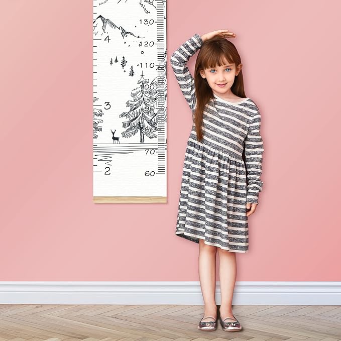 Personalized Kids Name Growth Chart Ruler for Wall Wood Frame Height Measure Chart 13.4x56 in Linen Hanging Height Growth Chart Winter Mountain Kids Room Decor