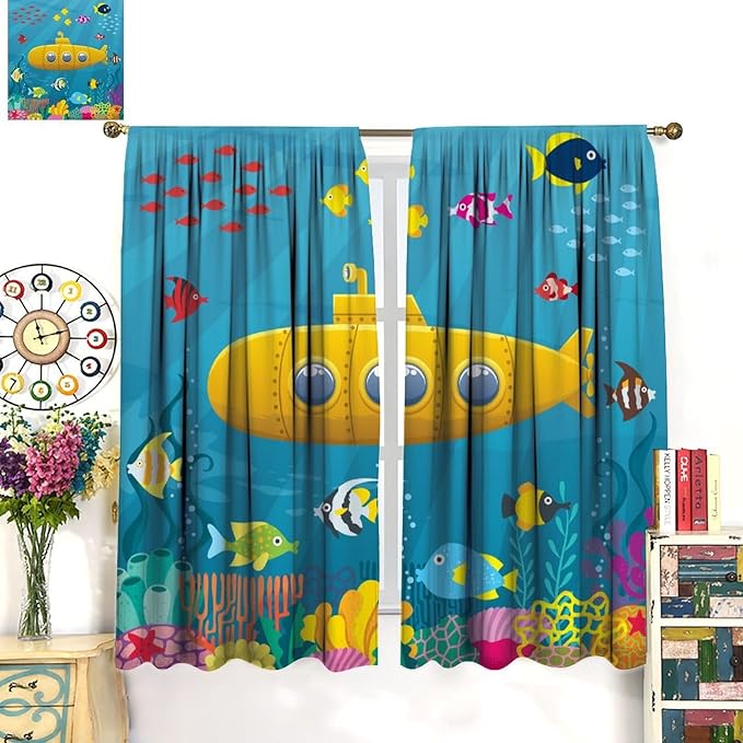 Boy Window Curtains Submarine Window Drapes Yacht Window Treatments Underwater World Oasis Thermal Drapes for Kids Girls Toddler Teens Room Dorm Decor Set 2 Panels,63x72 Inches, Style-1