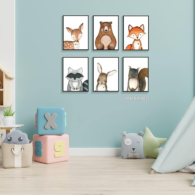 gooptyinh 6 Pieces Woodland Animals Nursery Canvas Wall Art Cute Safari Jungle Animal Deer Bear Bunny Pictures Room Posters Farmhouse Forest Theme Fox Squirrel Raccoon Prints Decor 8x10in Unframed
