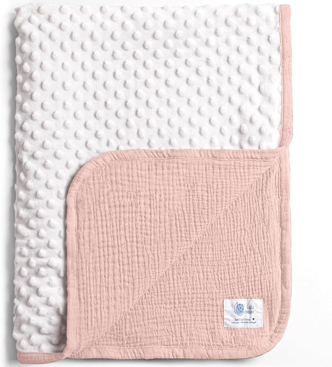 lulumoon Muslin Baby Blanket for Girls: Minky Dot Backing Thermal - Newborn Blanket for Baby Shower & Registry Gift 30"x40"(Pink)