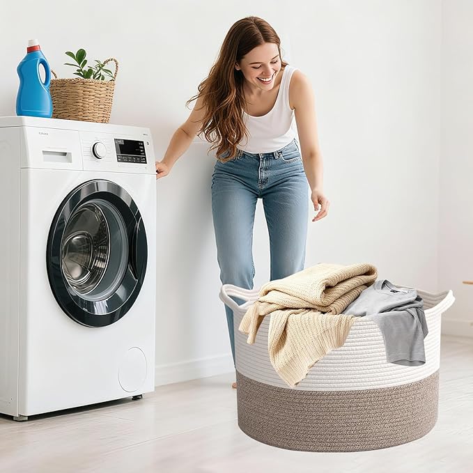 Large Blanket Basket for Organizing,115L Closet Organizers and Storage Bins Box for Shelves Woven Rope Storage Baskets,Living Room,Bedroom,Dorm,Laundry room (White&Brown)