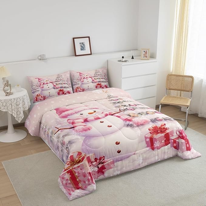 Xmas Tree Gift 3 Pcs Comforter/Duvet Set,Merry Christmas Ultra Soft Bed Collection,Pink Christmas Snowman Bedding for Room Decor 3 Pcs,Microfiber Breathable,King