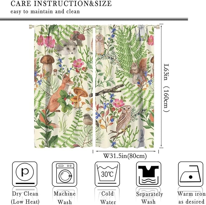 Forest Animal Curtains, Kids Rustic Wild Animal Window Treatments Watercolor Cute Woodland Fox Hedgehog Window Drapes for Nursery Toddler Bedroom 63x63in
