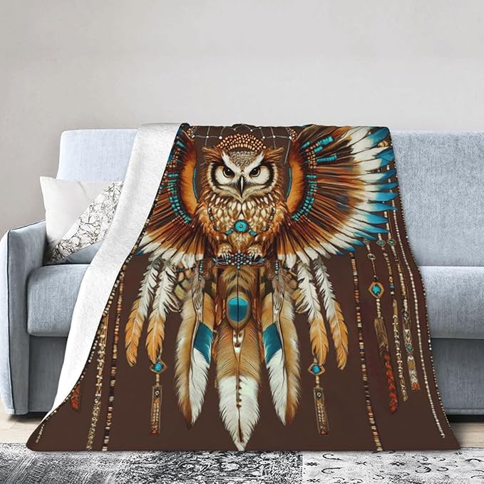 Owl Blanket Native American Decor Throw Blanket Super Soft Flannel Lightweight Fluffy Plush Fuzzy Fleece Indian Blanket Gifts for Girl Woman Adults Man Boys Kids Baby for Bed Sofa 50"X60"
