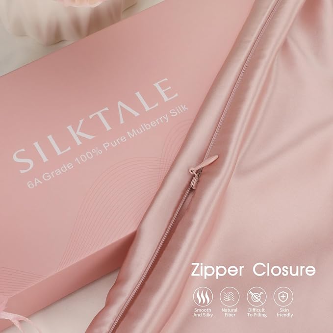 100% Mulberry Silk Pillowcase with Hidden Zipper,Both Sides Pure Silk Breathable Pillow Case for Hair and Skin,19 Momme Grade 6A,1pc,Light Pink,Queen Size 20x30 Inches