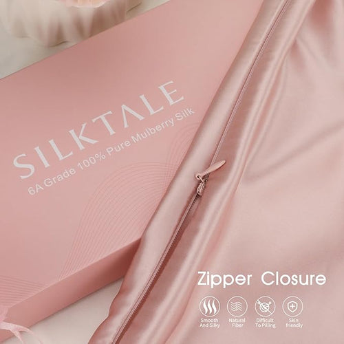 100% Mulberry Silk Zippered Bed Pillowcase for Hair and Skin,Zip Up Real Silk Large Pillow Case,19 Momme Grade 6A,1pc,Light Pink,Super King Size 20x36 Inches