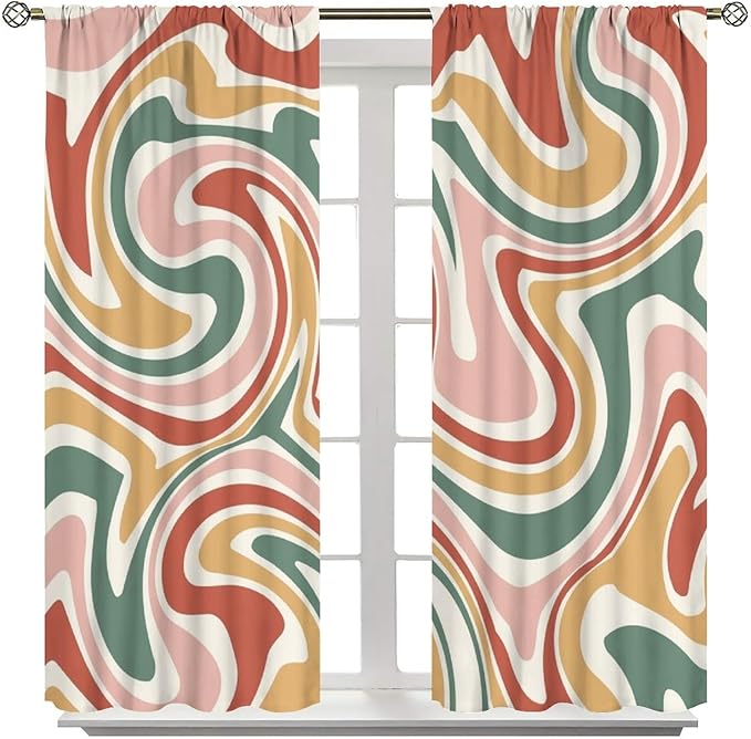 70S Abstract Wavy Swirl Curtain for Bedroom Windows,Retro Boho Minimal Teen Girls Kids Living Room Restroom Window Treatments Drapes 63"" W X 72"" L, Style-4