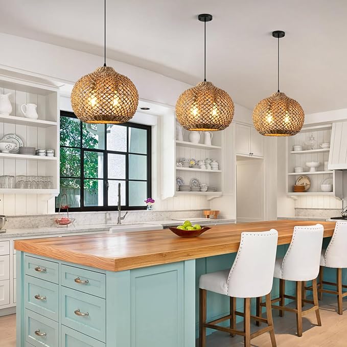 13.79" Rattan Coastal Pendant Light Fixture,Boho 2-Light Kitchen Island Ceiling Hanging Lighting Wicker Hand Woven Farmhouse Chandelier,for Bedroom, Dining Room, Entryway, Foyer