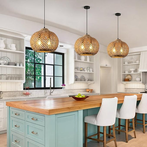13.79" Rattan Coastal Pendant Light Fixture,Boho 2-Light Kitchen Island Ceiling Hanging Lighting Wicker Hand Woven Farmhouse Chandelier,for Bedroom, Dining Room, Entryway, Foyer
