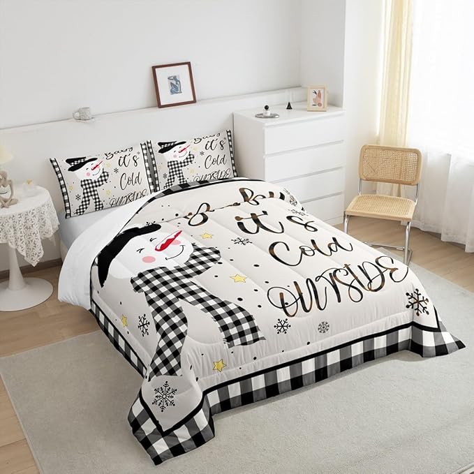 Kids Christmas Snowman Comforter Set Queen Size,Snowflake Winter Bedding,Girls Boys Adults Bedroom/Xmas Cabin Decor,Geometric Grids Lattice Down Comforter,Rustic Vintage Duvet Insert,2 Pillowcases