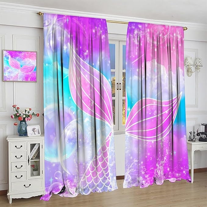Suitable for Girls Mermaid Curtains, Rainbow Pink Purple Mermaid Tail Fish Scales Fantasy Ocean Print Curtains for Living Room Children Baby Room Nursery, 84x84 Inches