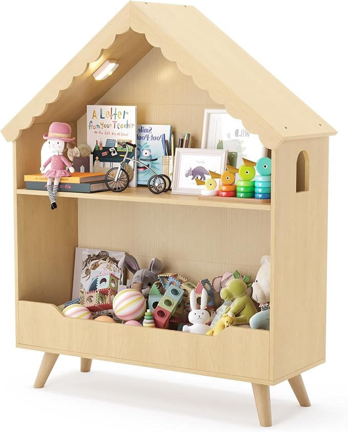 Curipeer Kids Dollhouse Bookshelf, Wooden Bookcase Storage with Motion-Activated Light, 2-Tier Open Display Organizer for Toys and Books, Baby Bookshelf for Birthday, Christmas, Natural Wood Color