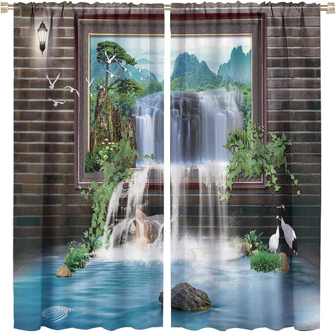Waterfall Blackout Window Curtains, Tropical Rainforest Jungle Plants Forest Wild Nature Landscape Window Drapes, for Living Room Bedroom 63x72in 2 Panels