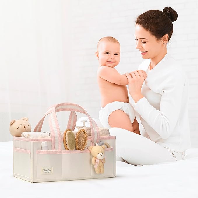 PeraBella XL Diaper Caddy Organizer With Handle, Baby Shower Gifts Basket Bag, Registry Search Must Haves Items, Newborn Girl Boy Nursery Storage Organizer, Baby Bag Essentials, Car Diaper Caddy Cart