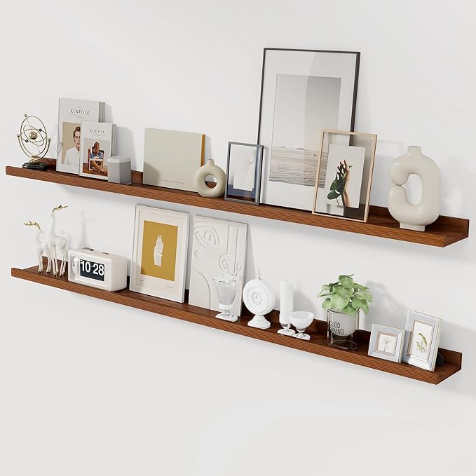 Solid Ash Wood Picture Ledge Shelf, Floating Shelves Set of 2, 56 Inch Long Large Ledge Shelves, Nursery Book Shelves Wall Mounted for Living Room Bedroom Kitchen Decor Kids Bookshelf, Walnut