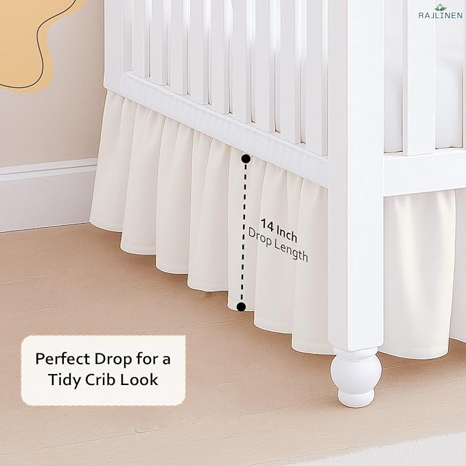 Rajlinen Ruffled Crib Bed Skirt, Microfiber, Dust Ruffle with Split Corners, 14" Drop, Nursery Toddler Bedding for Baby Boys or Girls, Ivory