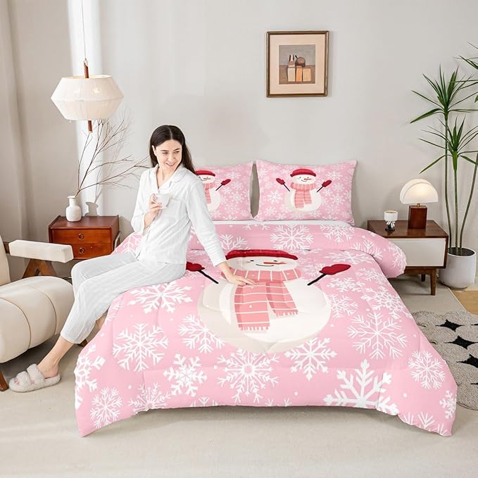 Feelyou Christmas Bedding Set Soft for Boys Girls, Snowman Pink Comforter Set Full Size Xmas Snowflakes Duvet Quilt Microfiber Winter Snow Bedroom Decor 3 Pcs with 2 Pillow Cases