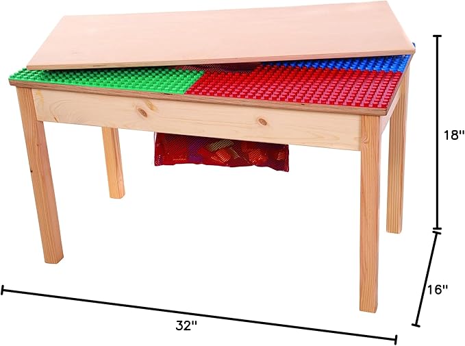 Fun Builder® #1 Rated American-Made 4 Color Lego® Compatible Solid Wood Table with Built-in Storage(Patent)-NO Tools-Only 5 Minute Assembly(Patent)-Built to Last Generations! 32"x16"-Ages 5 & UP