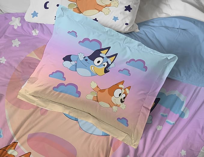 Jay Franco Bluey & Bingo Twin Comforter Set - 5 Piece Bed Set Includes Sheet Set & Pillow Covers - Super Soft Clouds & Stars Kids Bedding